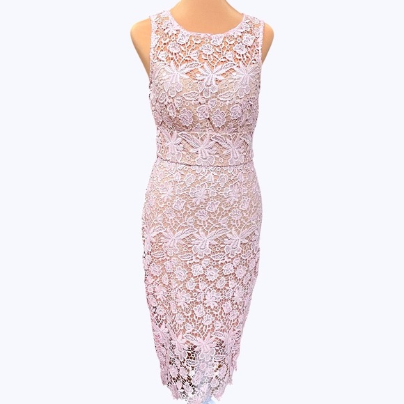 BISOU BISOU M. BOHBOT Pink Lace Overlay Midi Floral Sleeveless Sheath Dress Sz 2 - Picture 2 of 16